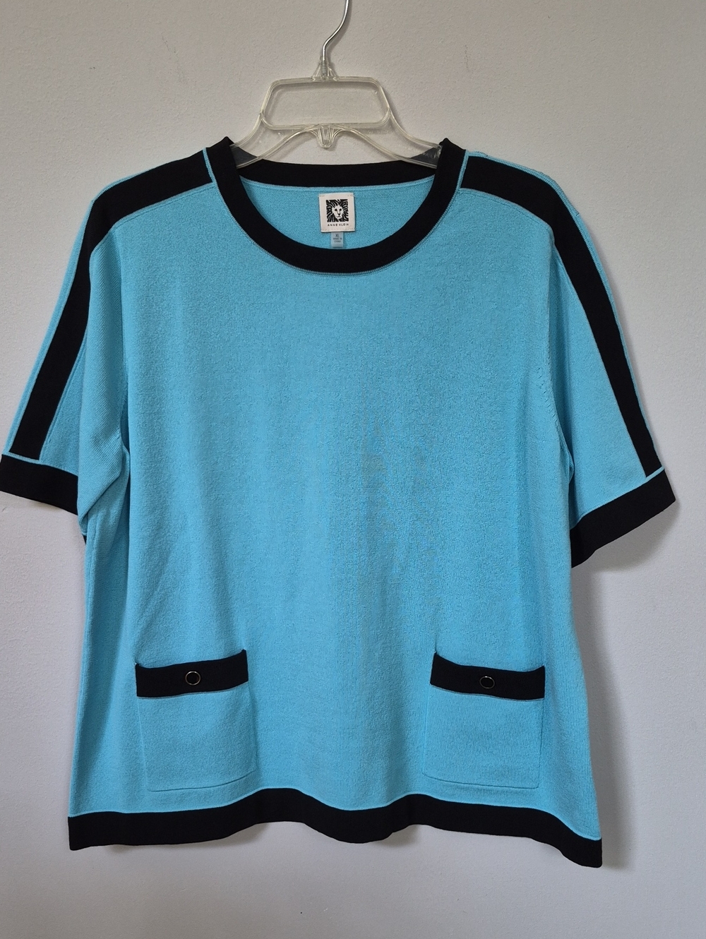 Anne Klein Sweater Womens XL Sporty Turquoise Blue Knit Top Black Trim Classic